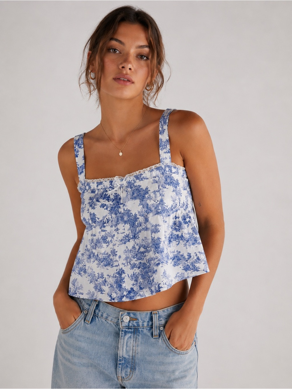 BDG Urban Outfitters Blue Toile De Jouy Linen Blend Cami Cottagecore NWT Small